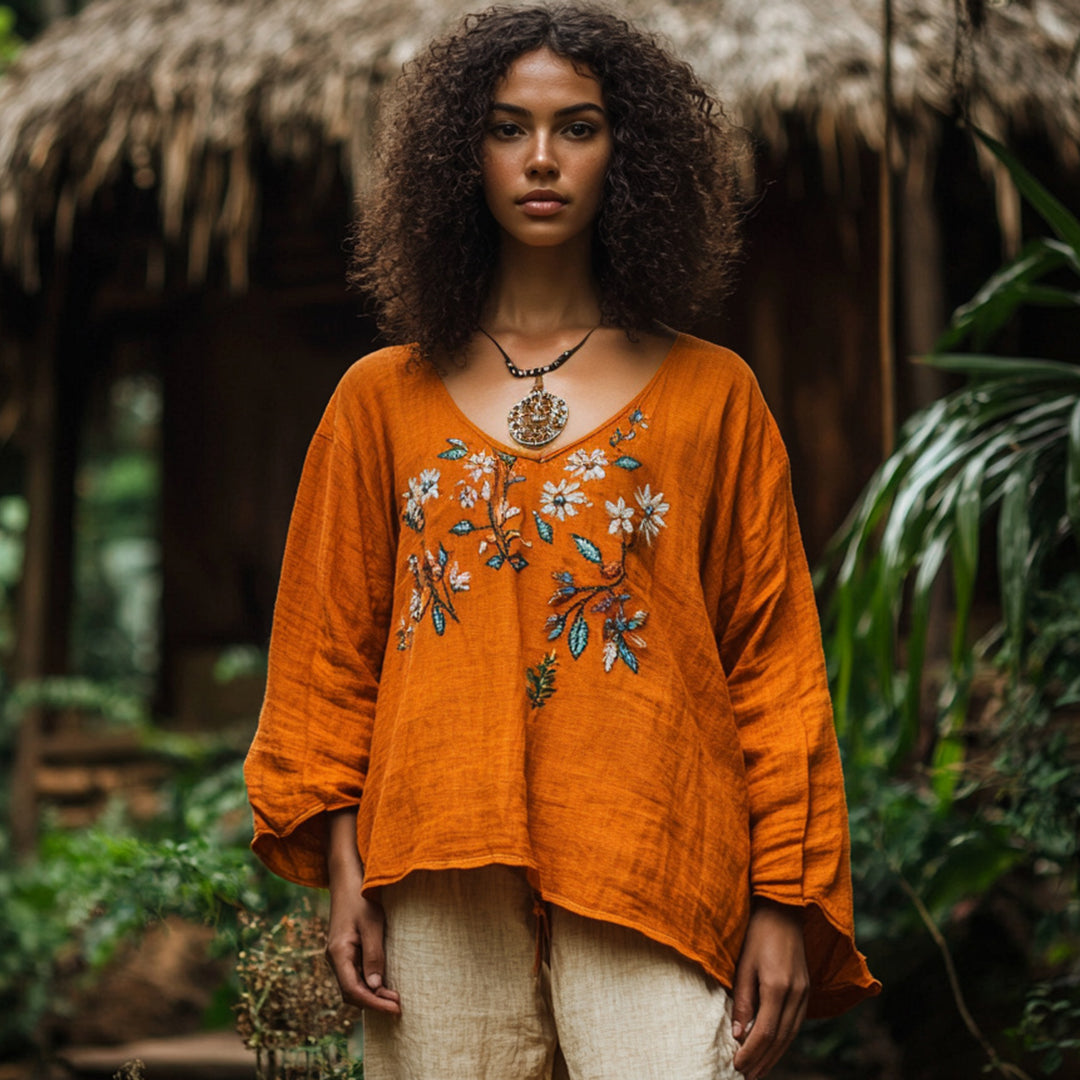 Retro Bohemian Floral Art Embroidery Print Cotton And Linen Blend Loose Blouse artswardrobe
