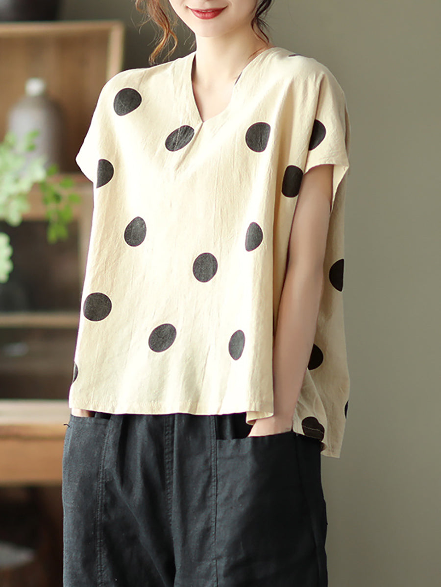 Commute Dot Loose V-neck Cotton Linen Shirt