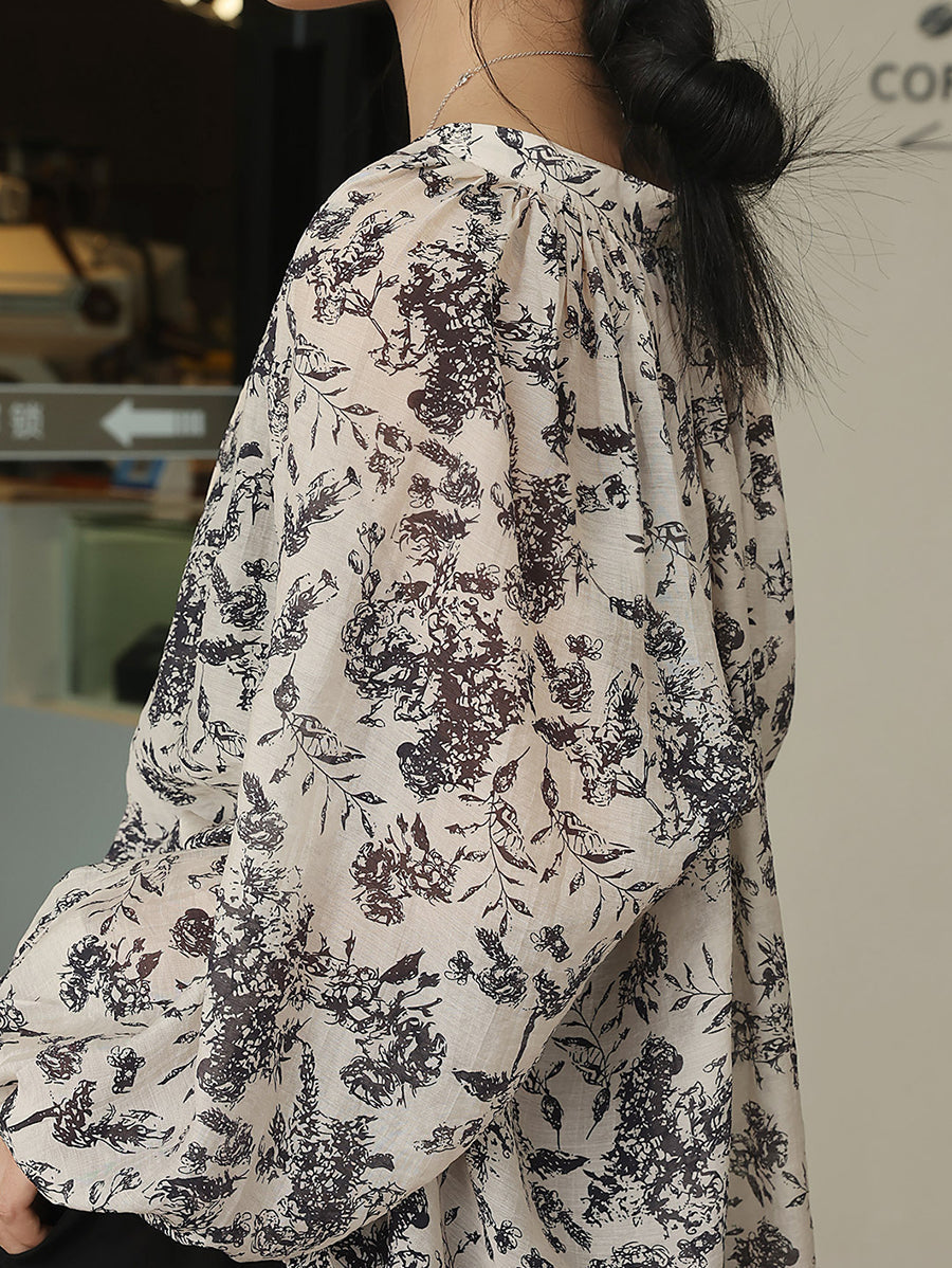 Artsy Drawstring Ornate Button Leaf Print Shirt