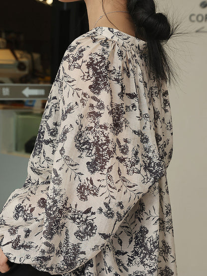 Artsy Drawstring Ornate Button Leaf Print Shirt