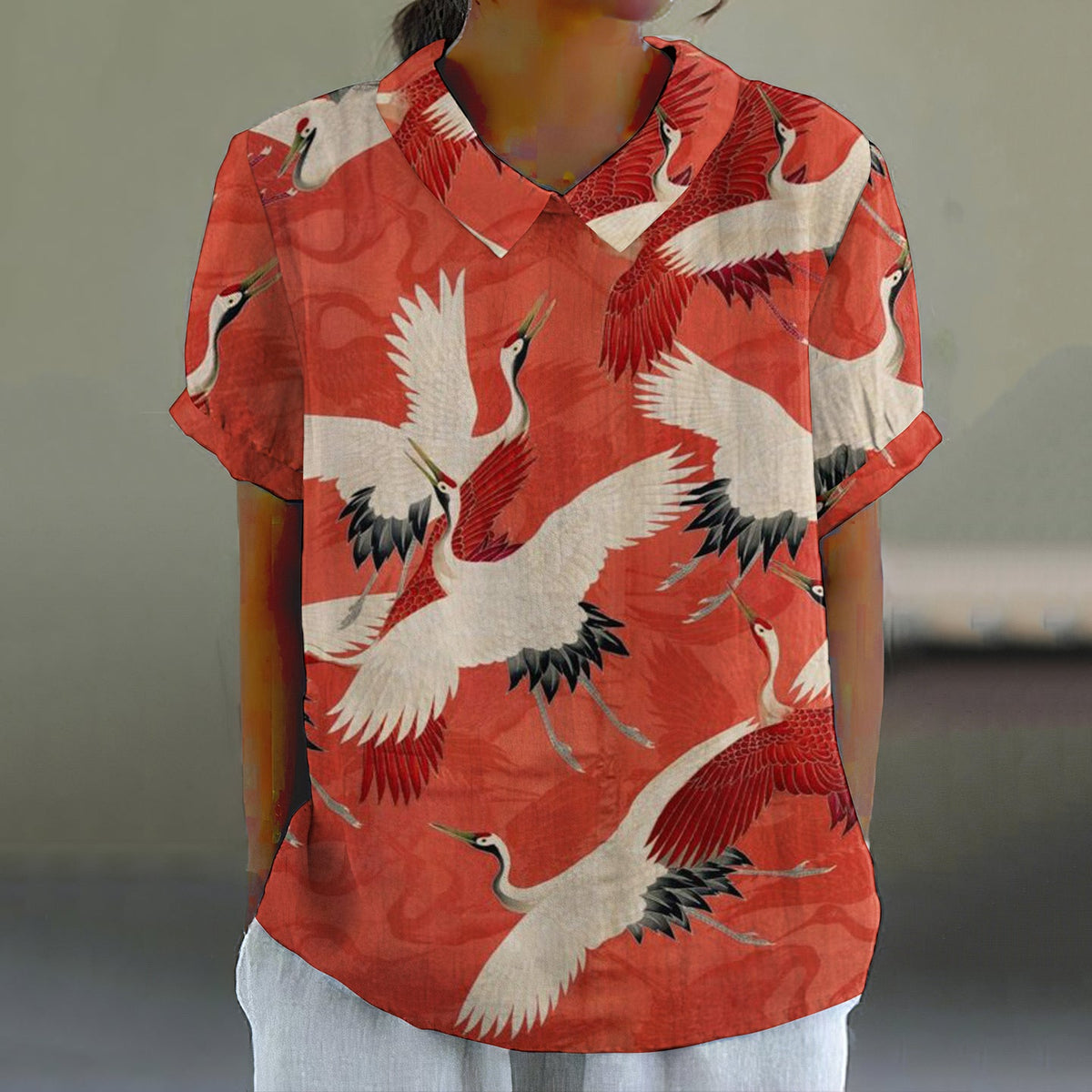 Comstylish Japanese Art Crane Print Lapel Blouse
