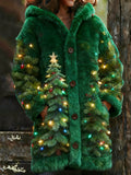 Comstylish Christmas Tree And Colorful Lights Plush Long Hooded Cardigan