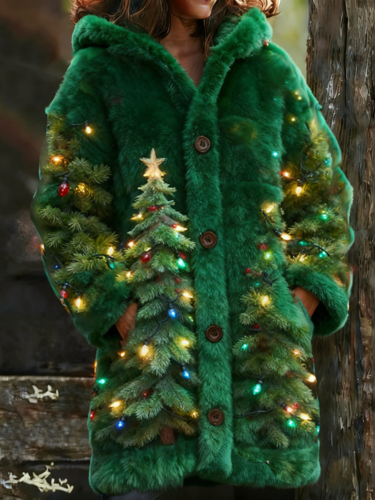 Comstylish Christmas Tree And Colorful Lights Plush Long Hooded Cardigan