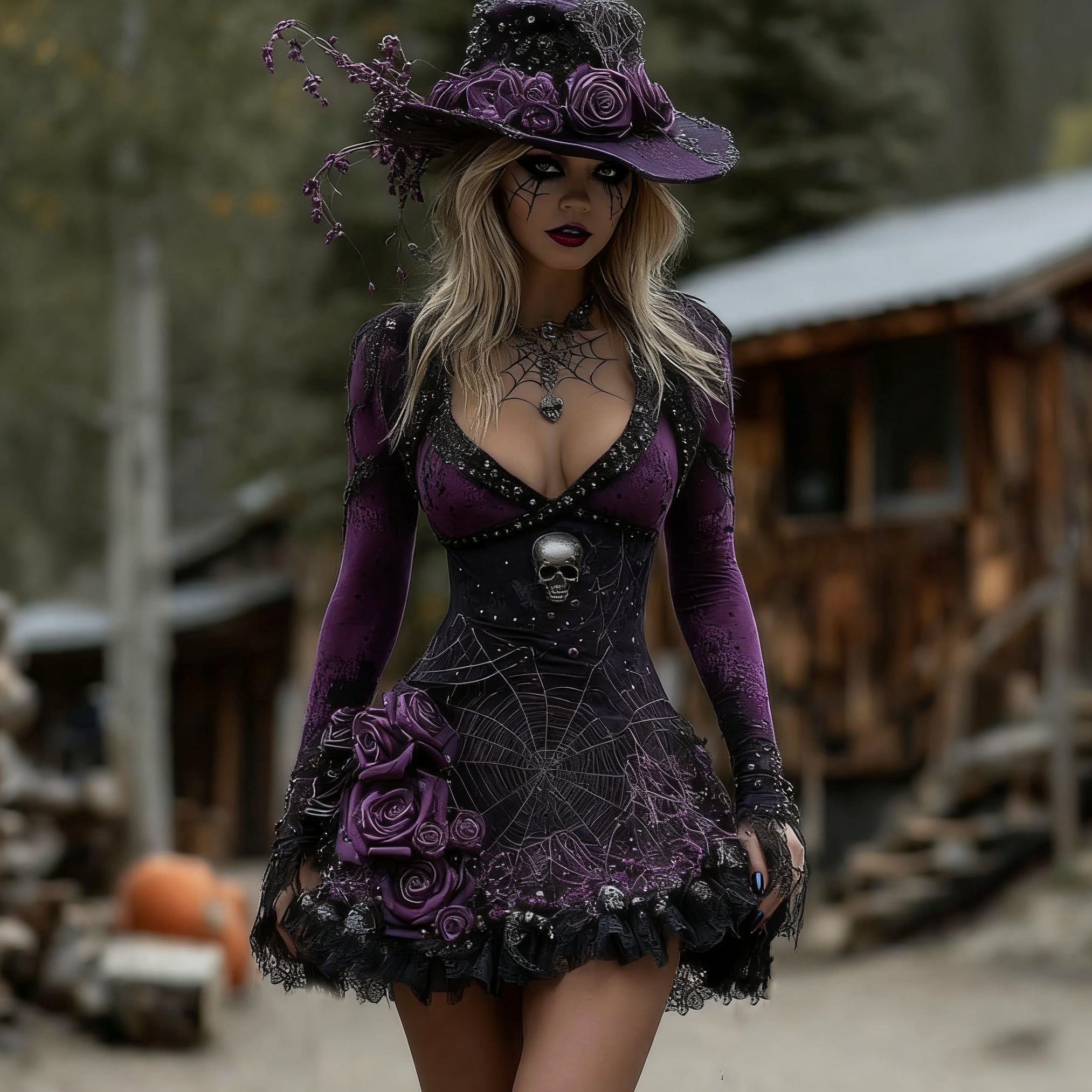 Comstylish Women's Witch Skull Flower Spider Web Midi Dress