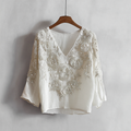 Comstylish Bohemian Style Woman's V-neck White Rose Short-sleeved Shirt