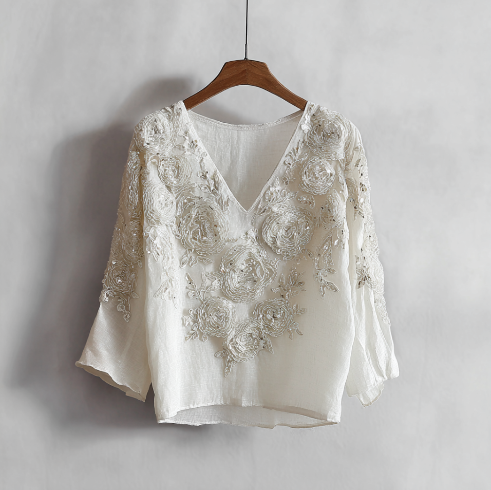 Comstylish Bohemian Style Woman's V-neck White Rose Short-sleeved Shirt