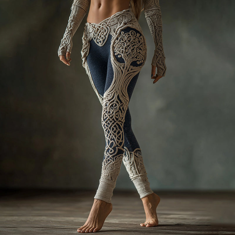 Vintage Viking Tree Of Life Celtic Knot Contrasting Colors Art Knit Cozy Leggings artswardrobe