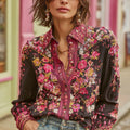 Women's Bohemian Floral Embroidery Color-block Basic Shirt artswardrobe