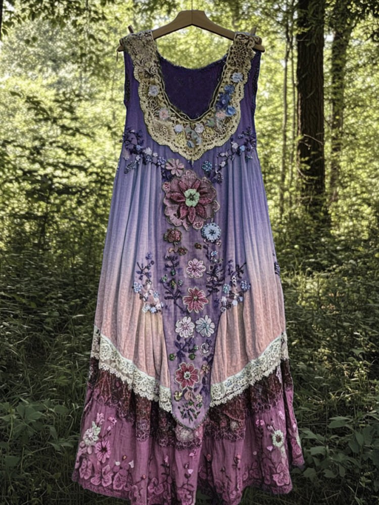 Vintage Boho Lavender Art Linen Patchwork Art Linen Tank Dress artswardrobe