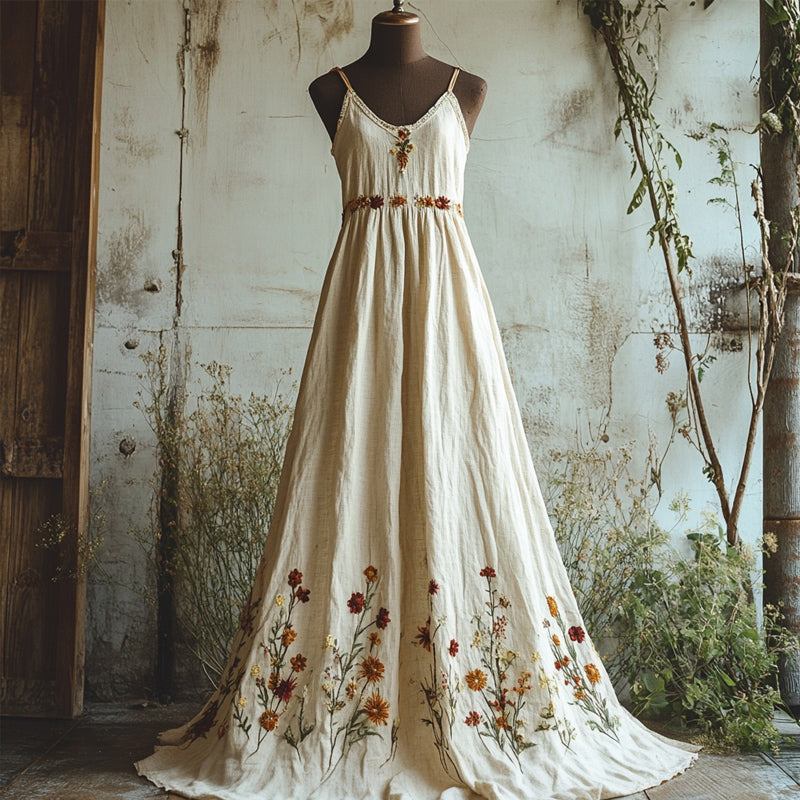 Boho Floral Embroidered Linen Cami Maxi Dress artswardrobe