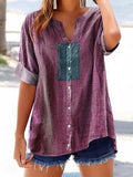 Women's Vintage Pattern Art Print Casual Cotton Linen Short Sleeve Shi