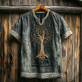 Men's Viking Tribal Tree Of Life Embroidery Art Linen T-shirt artswardrobe