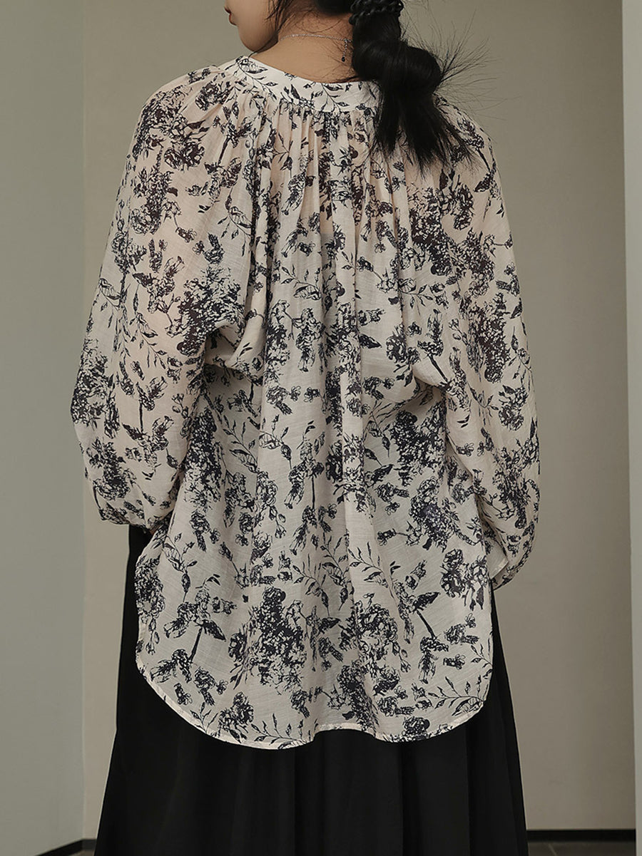 Artsy Drawstring Ornate Button Leaf Print Shirt