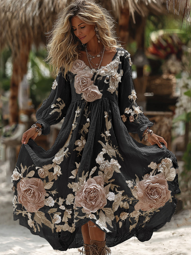 Women's Vintage Romantic White Rose Embroidery Art Comfy Linen Maxi Dress artswardrobe