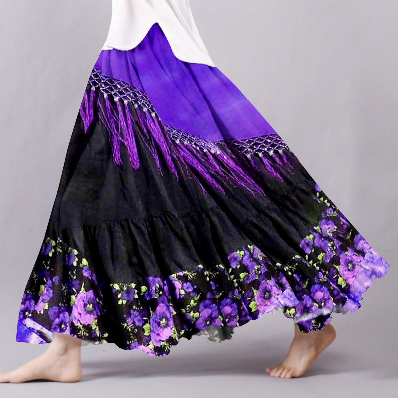 Vintage Boho Purple Floral Art Flowy Wide Skirt artswardrobe