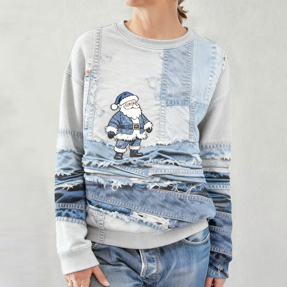 Comstylish Women's Santa Claus Faux Denim Patchwork Art Print Casual Sweatshirt
