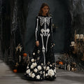 Comstylish Women's Halloween Skeleton Bones Rose Velvet Maxi Dress