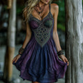 Women's Viking Celtic Knot Art Gradient Comfort Art Linen V Neck Suspenders Dress artswardrobe
