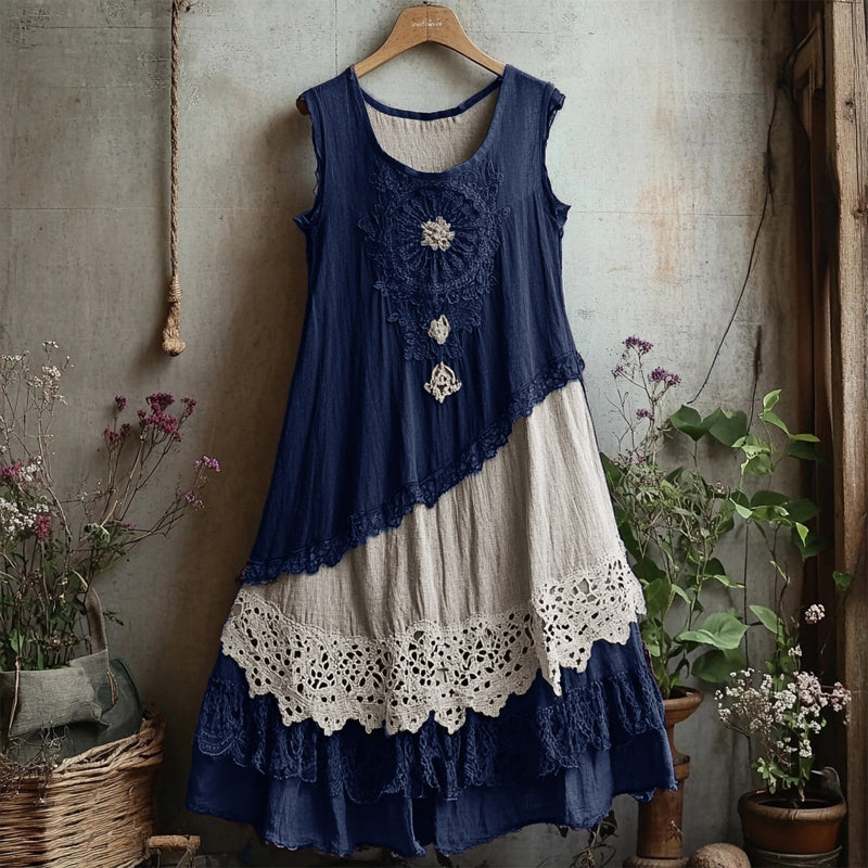 Retro Lace Patchwork Comfy Linen Tank Dress artswardrobe