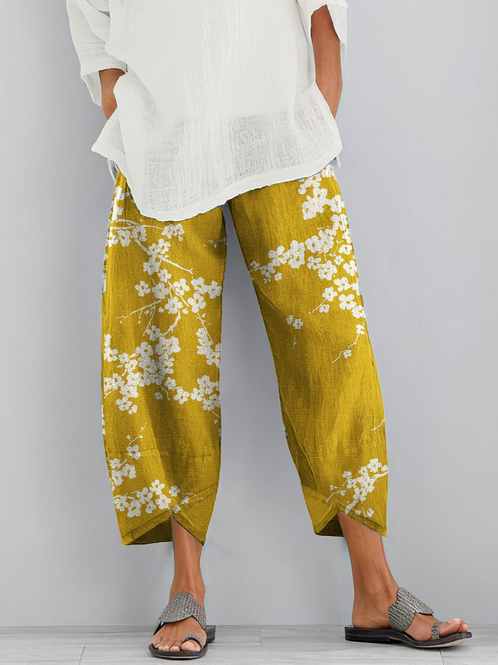 Comstylish Cherry Blossom Print Loose Casual Pants