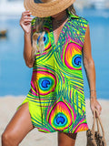 Women's Peacock Feather Art Print Casual Cotton And Linen V-Neck Shirt