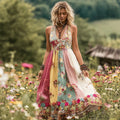 Women's Holiday Embroidered Floral Patchwork Maxi Dress artswardrobe