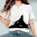 Women's Black Cat Printed Casual T-shirt elevenforest