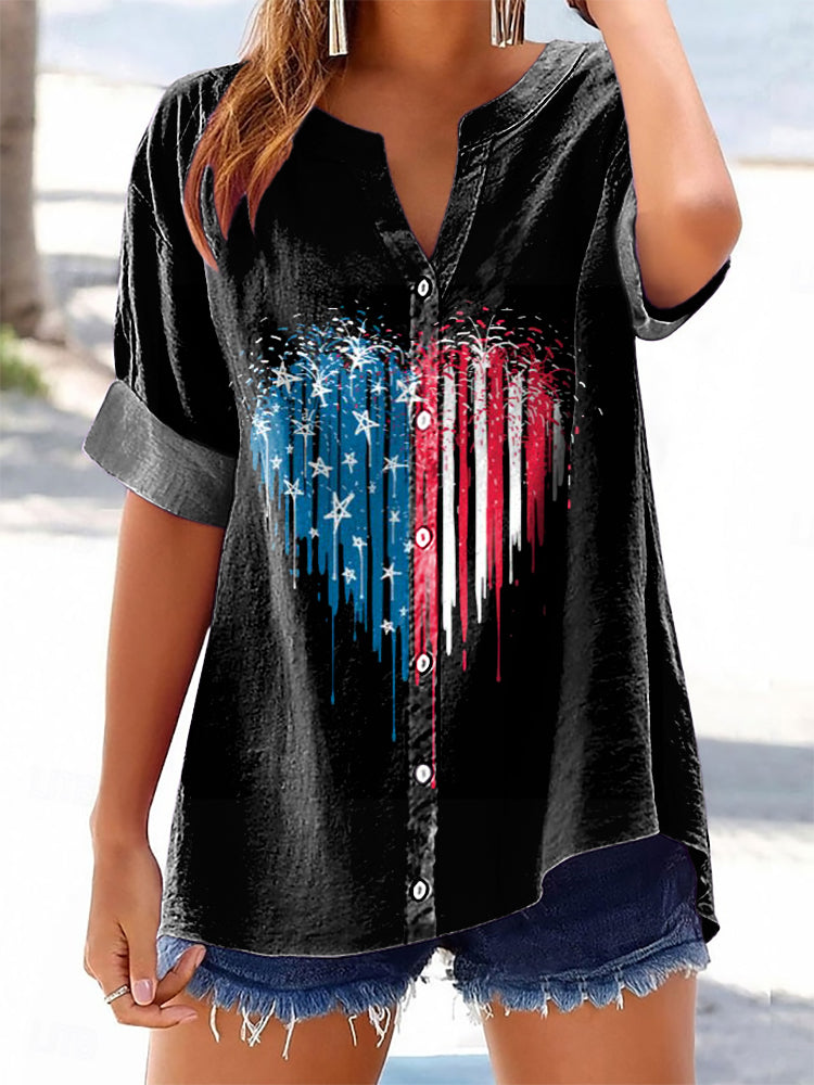 Women's Vintage Flag Love Art Print Casual Cotton And Linen Shirt