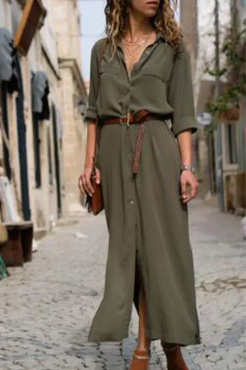 KS | Casual shirt dress with turn-down collar and monochrome patchwork