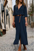 KS | Casual shirt dress with turn-down collar and monochrome patchwork