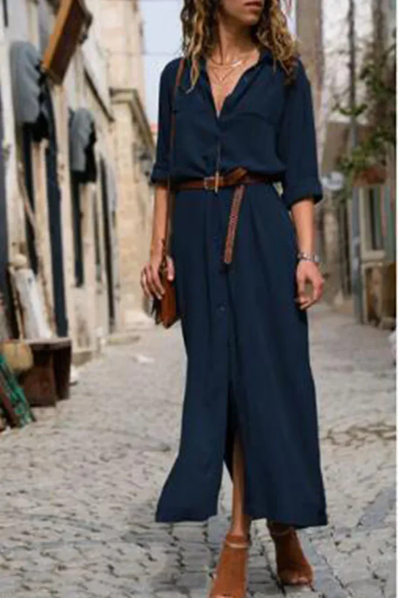 KS | Casual shirt dress with turn-down collar and monochrome patchwork
