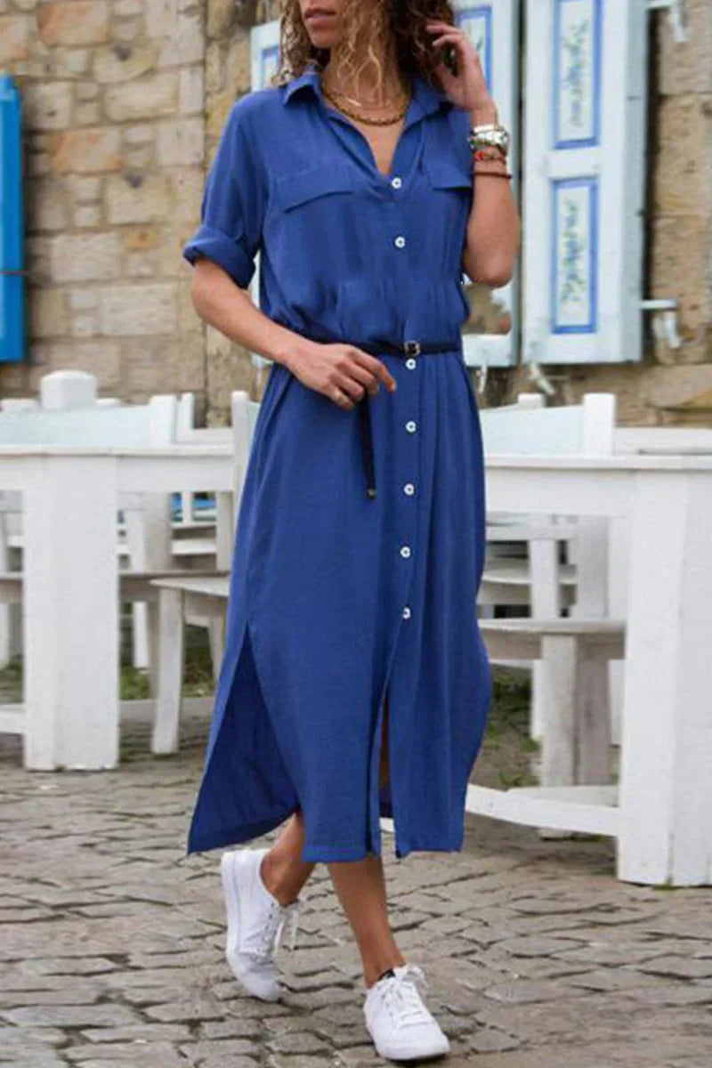 KS | Casual shirt dress with turn-down collar and monochrome patchwork