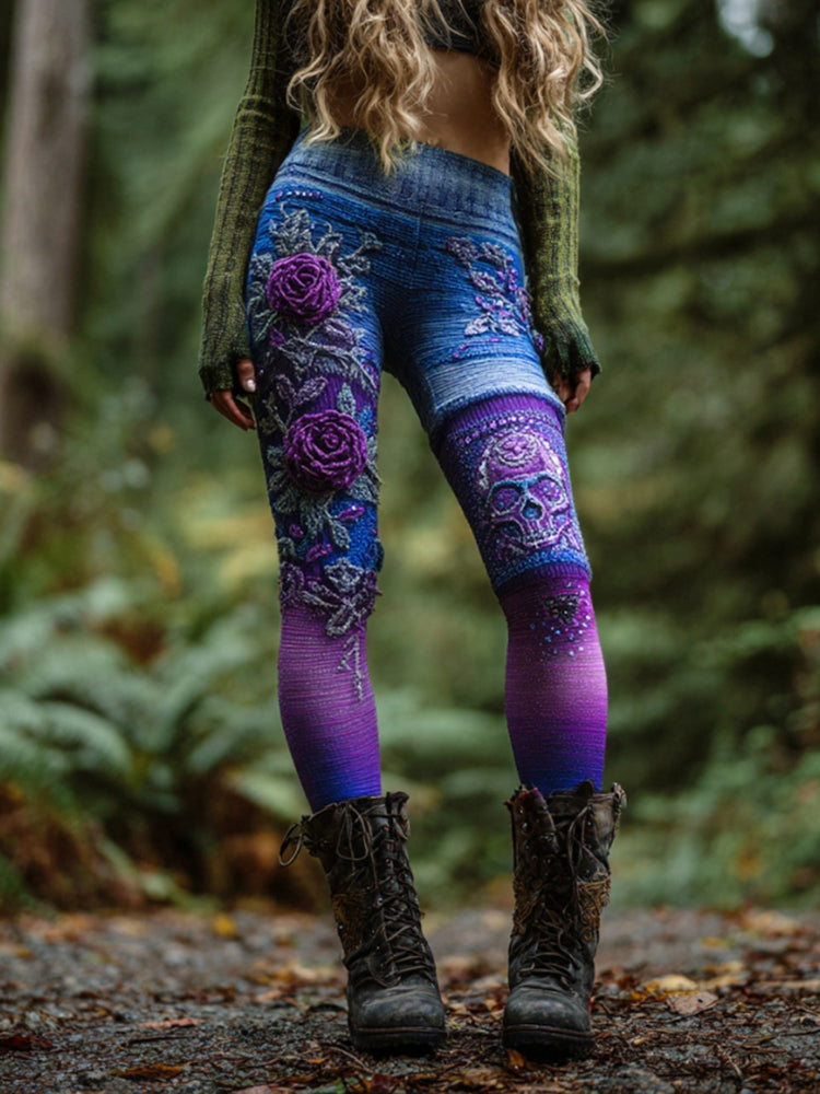 Women's Vintage Skull And Rose Patchwork Comfortable Leggings artswardrobe