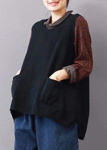 Boutique Black Sweaters Big Pockets Sweaters Sleeveless Shirt