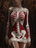 Comstylish Women's Halloween Skeleton Floral Embroidered Dress