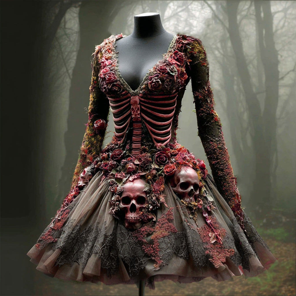 Comstylish Women's Halloween Skull Flowers Moss Witch Midi Dress