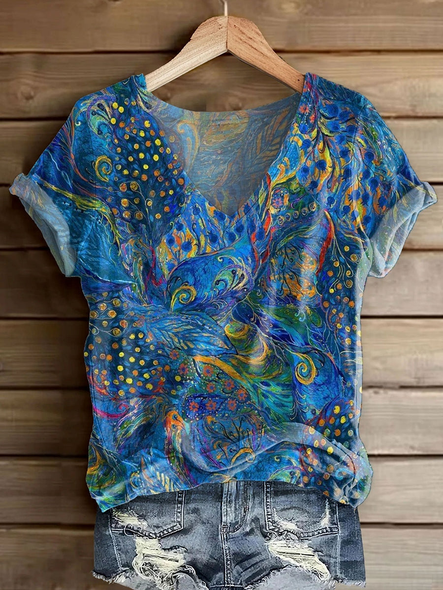 Women's Colorful Ethnic Art Pattern Print V-neck Casual T-Shirt