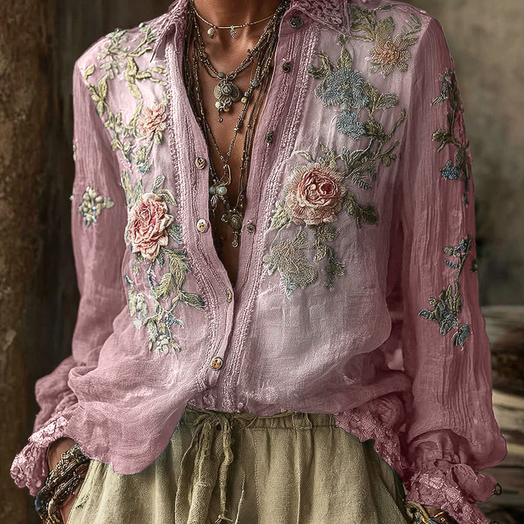 Women's Vintage Bohemian Floral Pattern Linen Long Sleeve Shirt artswardrobe