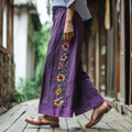 Retro Boho Floral Embroidery Lace Art Cotton Linen Wide Leg Pants artswardrobe