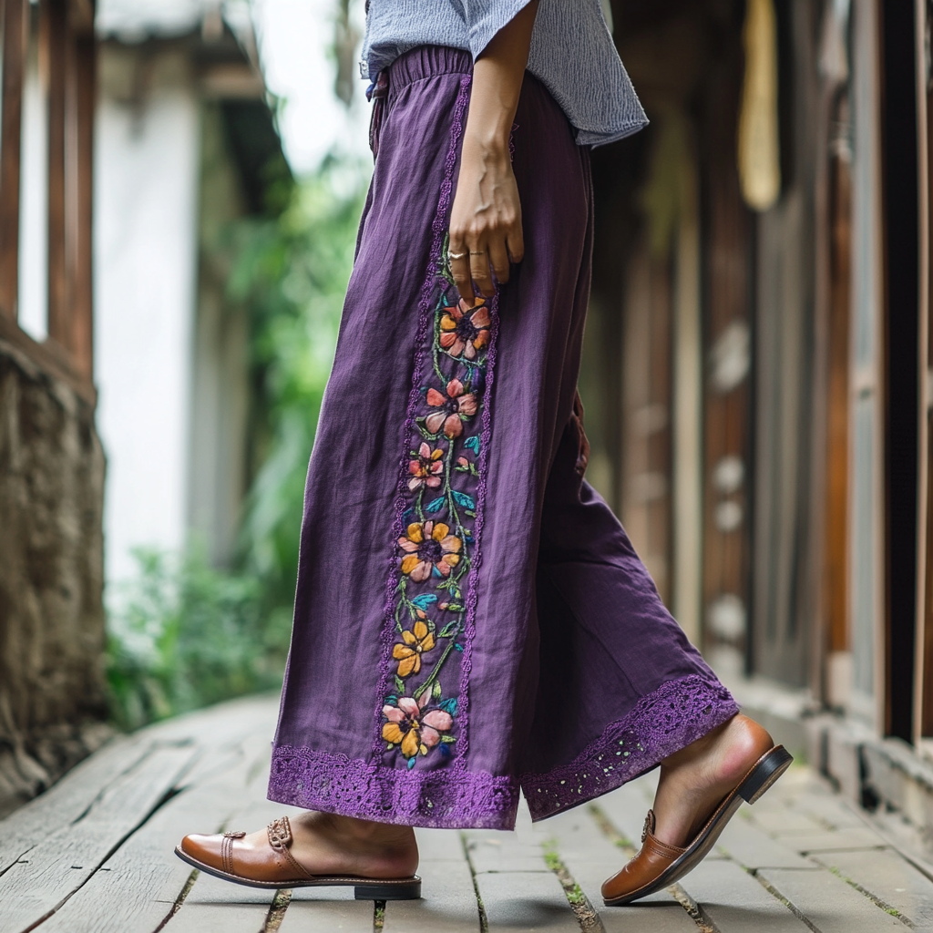 Retro Boho Floral Embroidery Lace Art Cotton Linen Wide Leg Pants artswardrobe