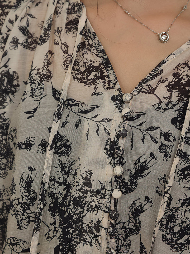 Artsy Drawstring Ornate Button Leaf Print Shirt