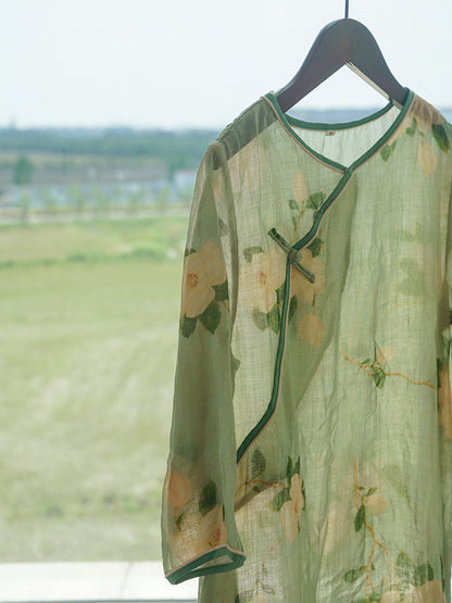 Artsy Flower Print Button Linen Robe Dress