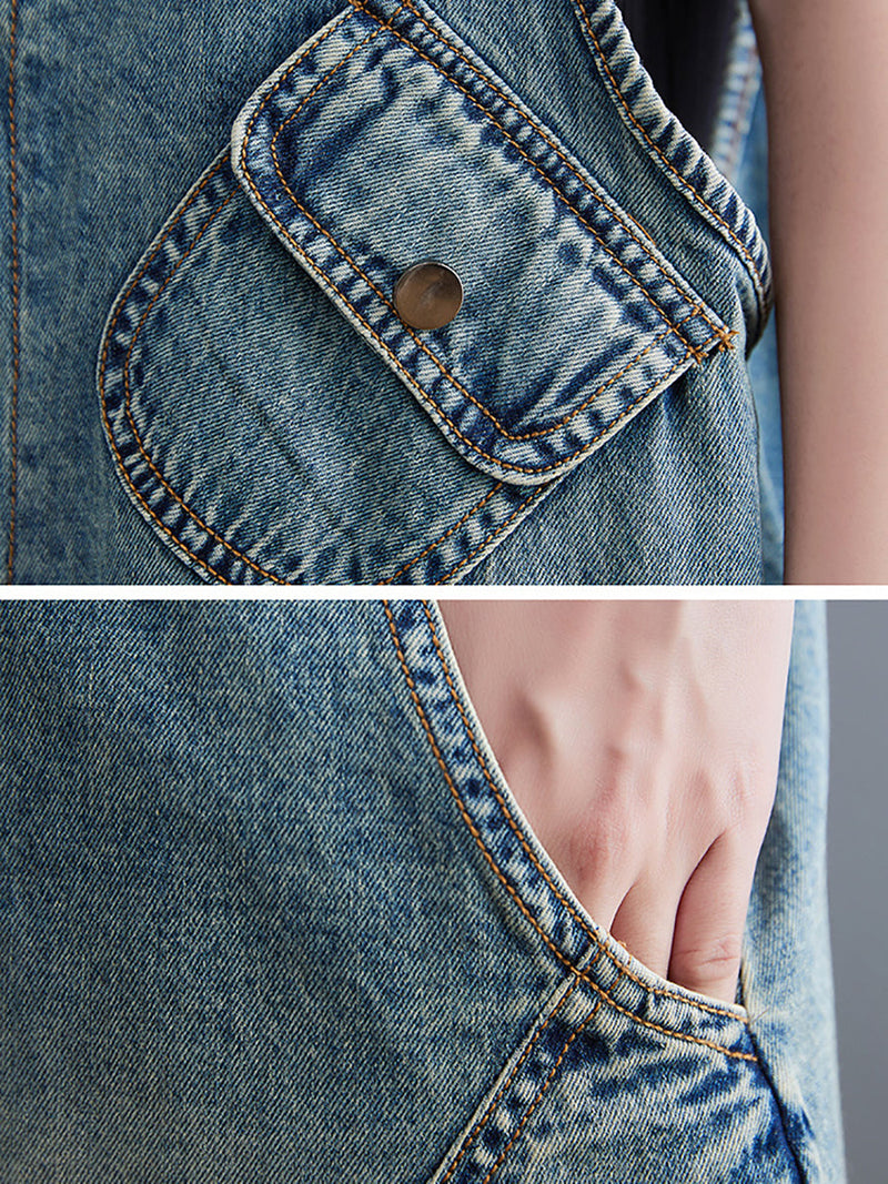 Washed Pocket V-neck Denim Jumpsuits