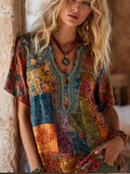 Comstylish Bohemian-style Rhapsody Patchwork Vintage Print V-neck Short-sleeved Shirt