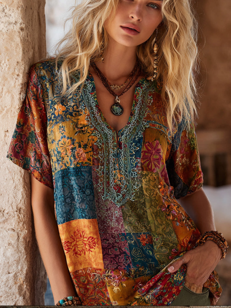 Bohemian-style Rhapsody Patchwork Vintage Print V-neck Short-sleeved Shirt artswardrobe