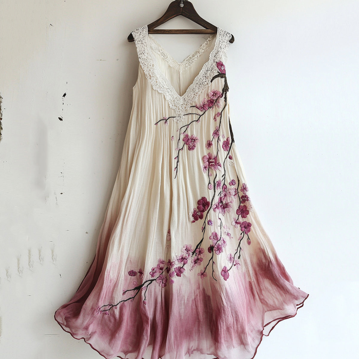 Comstylish Vintage Cherry Blossom Floral Lace Gradient Art Comfy Tank Dress
