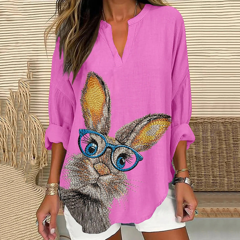 Comstylish Vintage Easter Bunny Embroidery Art Linen Blend Cozy Tunic