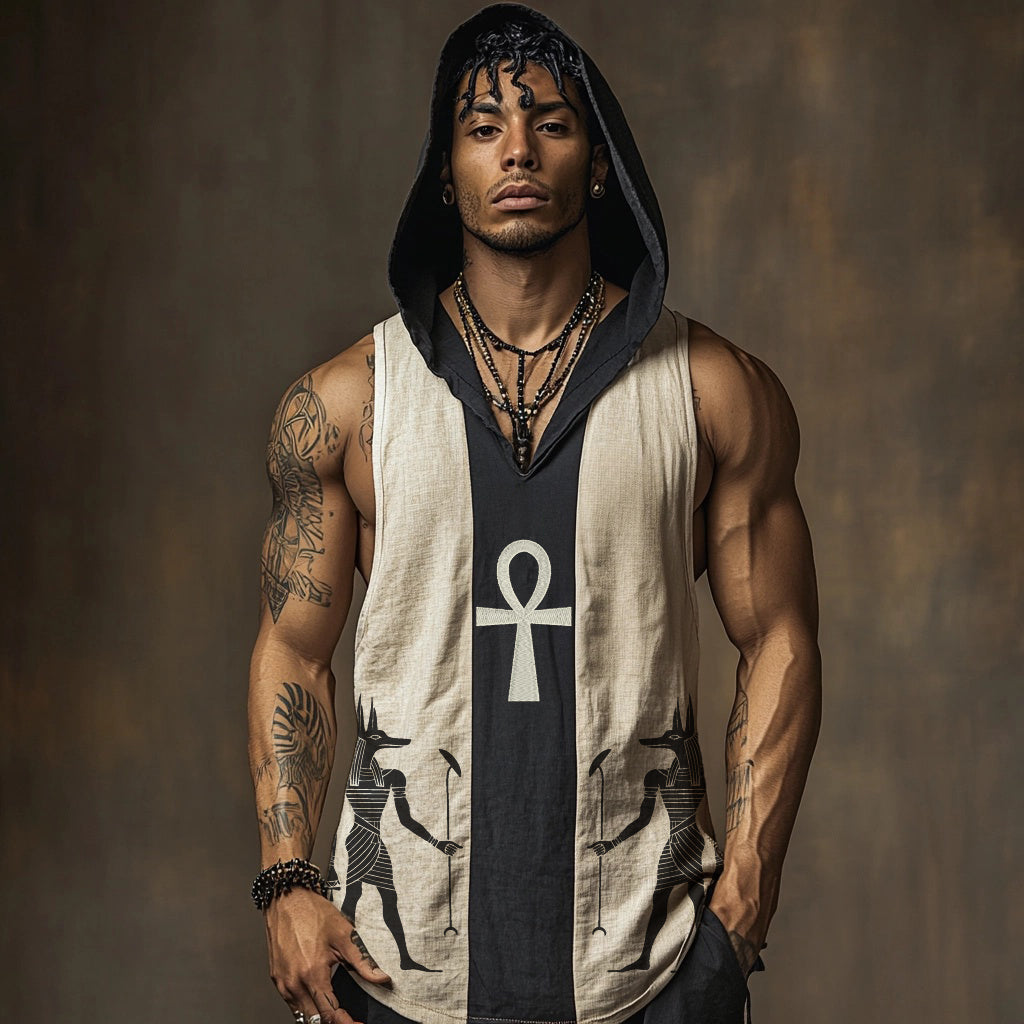 Egyptian God Anubis & Ankh Cross Hooded Linen Vest artswardrobe