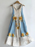 Boho Sunflowers Embroidered Lace Patchwork Flowy Linen Dress artswardrobe