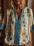 Bohemian Ethnic Style Rhapsody Flower Embroidery Vintage V-neck Short-sleeved Shirt artswardrobe